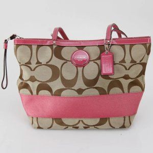 Coach Signature Stripe Tote Bag in Tan/Pink